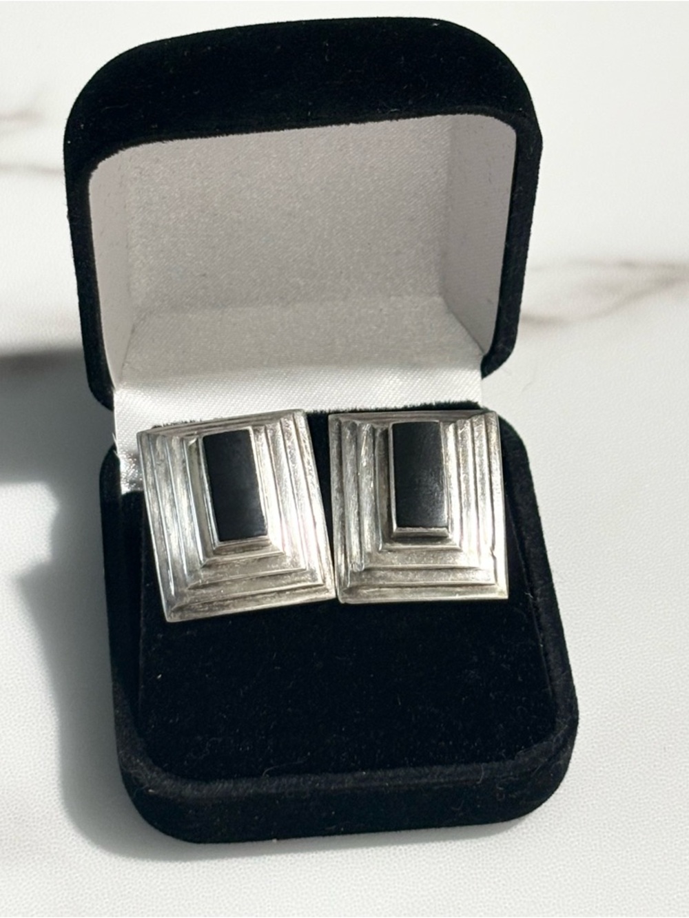 Artisan Sterling Silver Black Onyx Rectangular Post Earrings